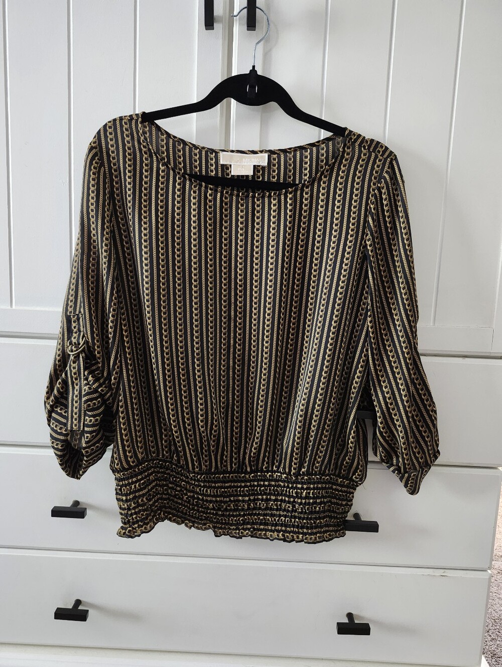 Michael Kors Black & Gold Striped Boatneck Blouse Sz L